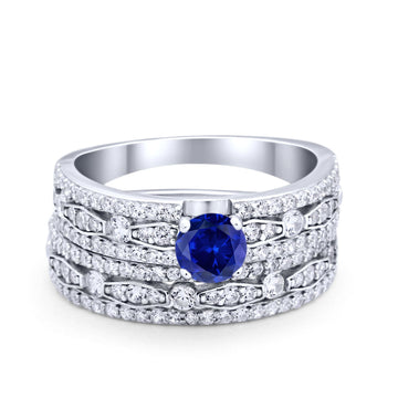 Art Deco Two Piece Bridal Set Wedding Ring Band Round Simulated Blue Sapphire CZ 925 Sterling Silver